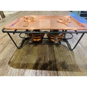 Vintage Swiss Copper Warming Tray Food Warmer Black Iron Stand Made Switzerland
